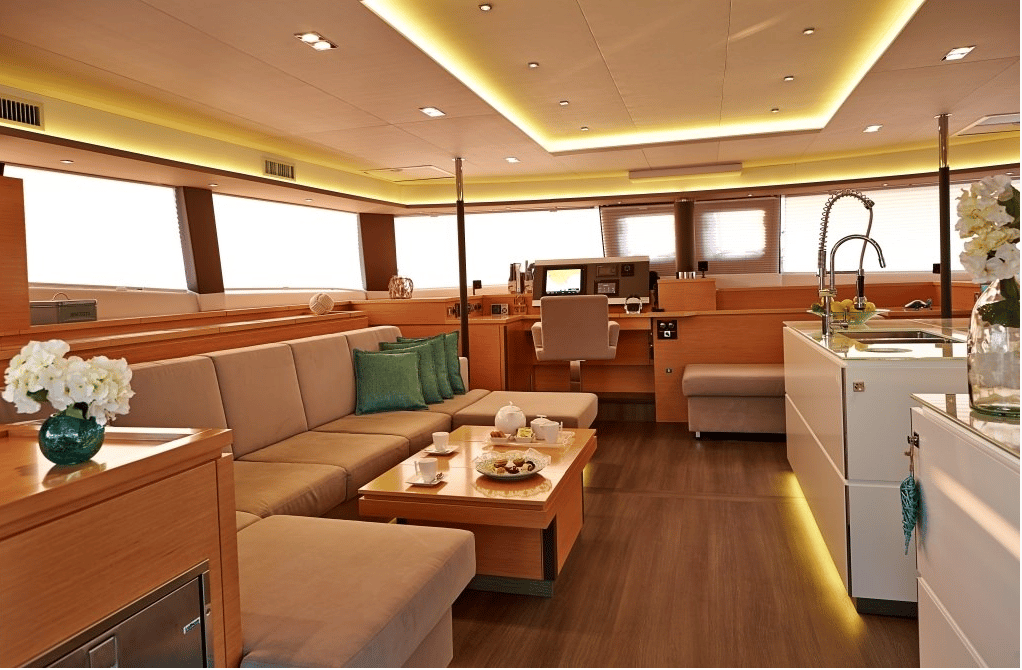 Spacious relaxing salon on Fountain Pajot catamaran Lir