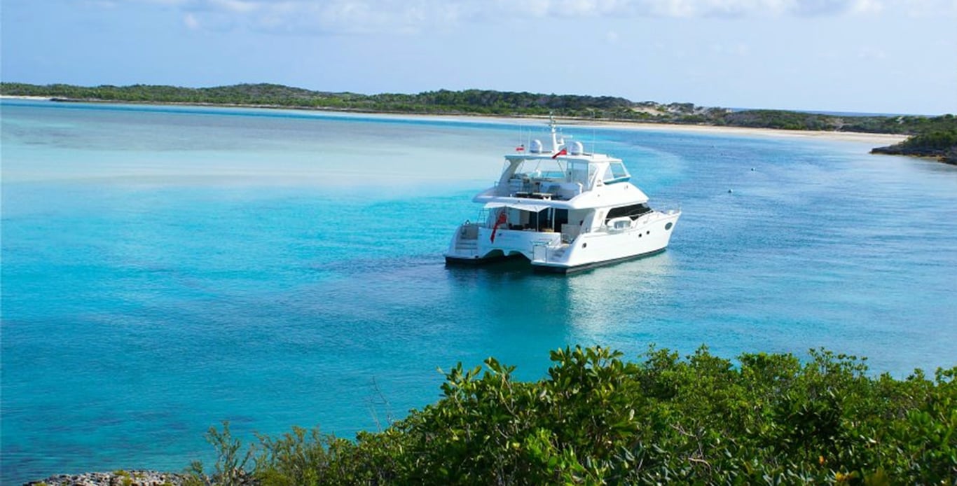 Arial Picture of a Horizon yacht charter Sea Boss leaving harbor.