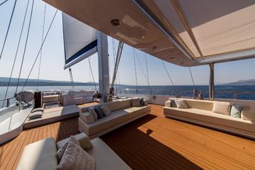 The piece de resistance aboard Aiaxaia is her ample outdoor deck, complete with a luxurious seating arrangement