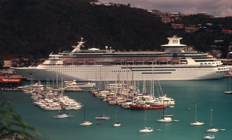 yachts anchored next to cruise ships