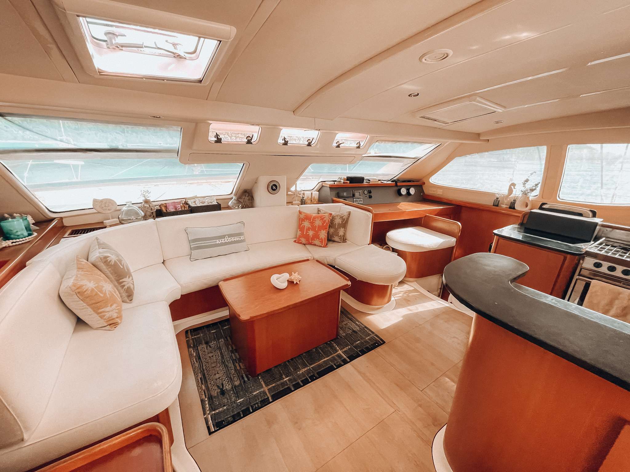Catamaran Yacht 'ONE LOVE' Salon lounge area, 6 PAX, 2 Crew, 46.00 Ft, 14.00 Meters, Built 2008, Leopard, Refit Year 2015
