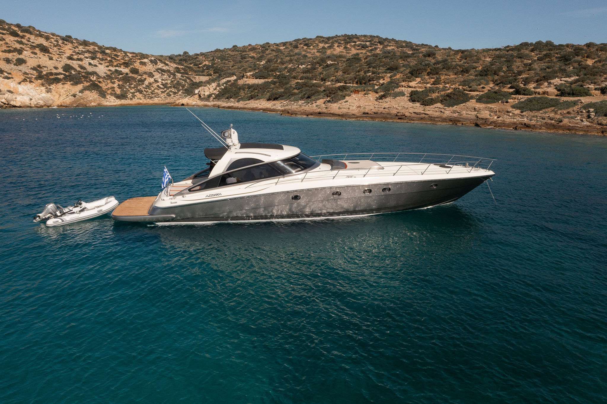 Motor Yacht 'ORION', 6 PAX, 63.00 Ft, 19.00 Meters, Built 2002, Baia, Refit Year 2023: new hull color Aluminum Grey, new engines, new water maker, new anchor, AC inside and outside, new cabin linens, hull re-polishing