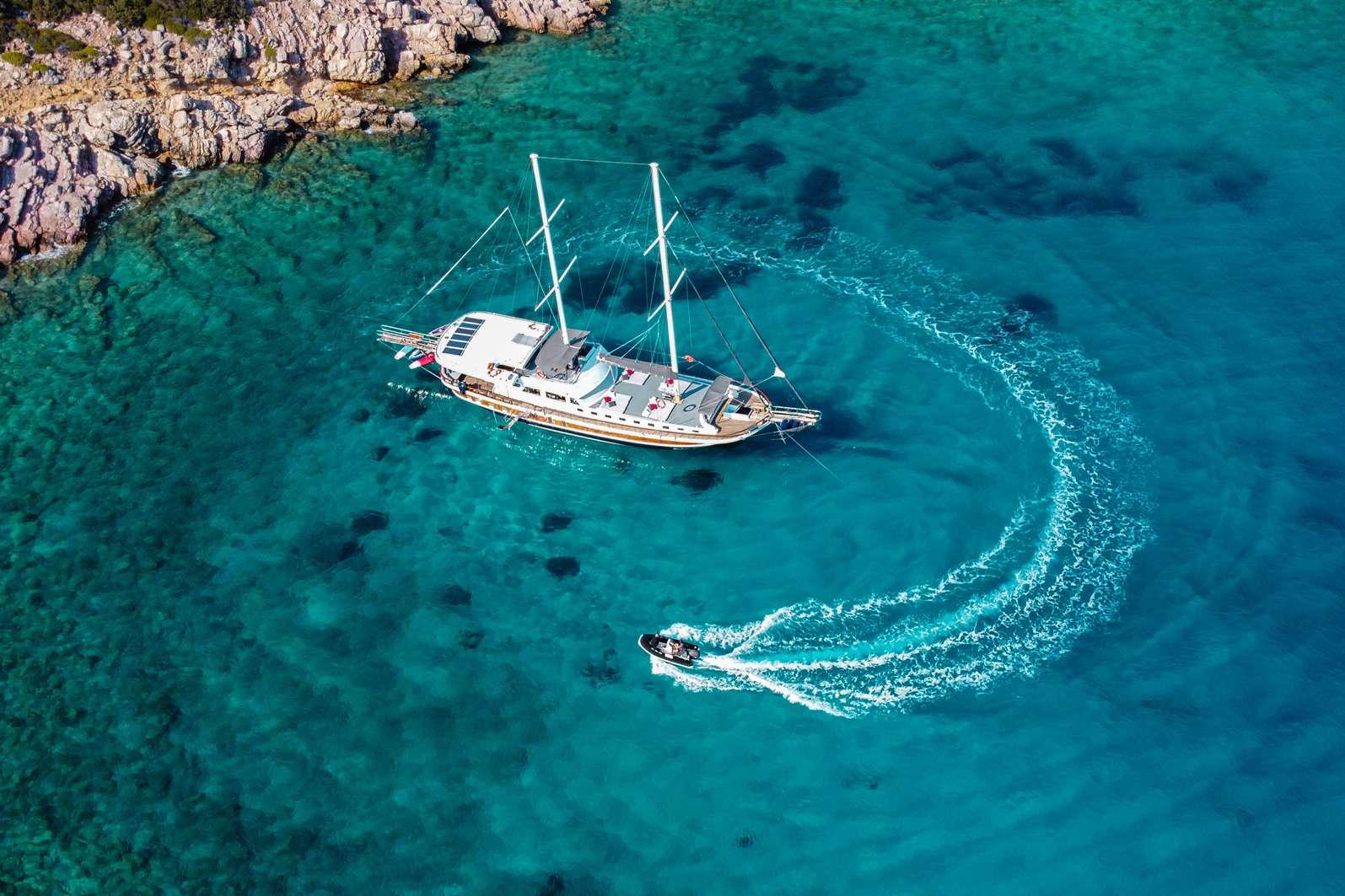 Motor Sailing Yacht 'BODRUM QUEEN' drone pictures of gulet and dinghy, 12 PAX, 4 Crew, 88.00 Ft, 27.00 Meters, Built 1999, Custom built - Bodrum, Refit Year 2020