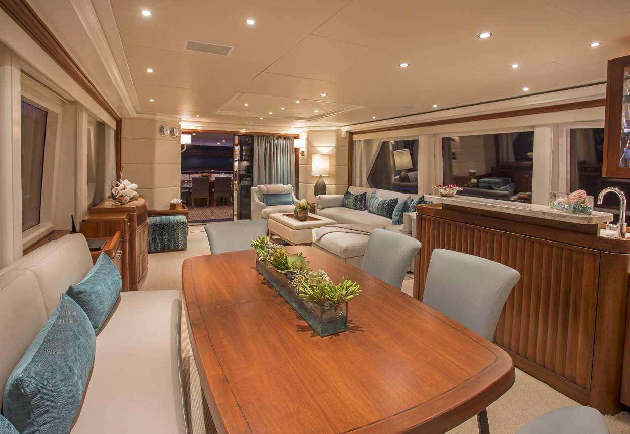 Motor Yacht 'PURA VIDA' Main Salon Looking Aft, 8 PAX, 4 Crew, 99.00 Ft, 30.00 Meters, Built 2009, Moonen, Refit Year 2017