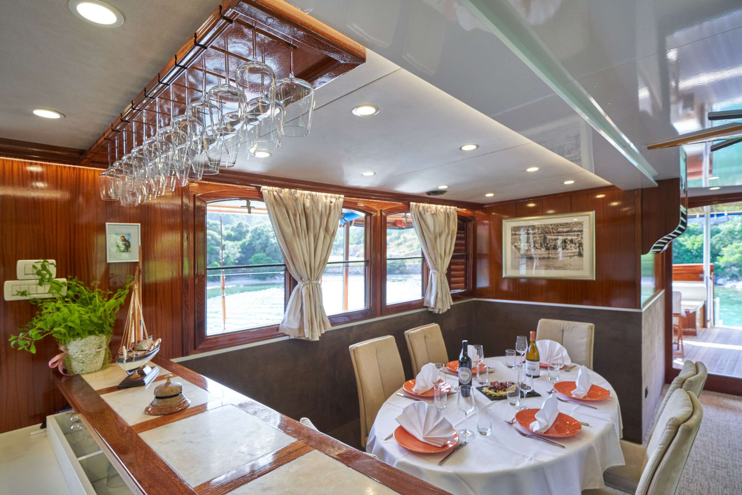 Motor Sailing Yacht 'TAJNA MORA' Dining area - salon, 18 PAX, 6 Crew, 101.00 Ft, 31.00 Meters, Built 2007, Custom, Refit Year 2012/2018/2020