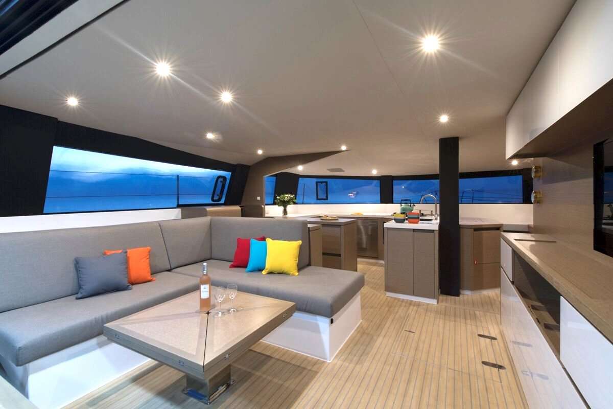 Catamaran Yacht 'L'OCTANT' Confortable sofa open to galey and sea, 6 PAX, 2 Crew, 51.00 Ft, 15.00 Meters, Built 2018, NEEL Trimarans, Refit Year 2022