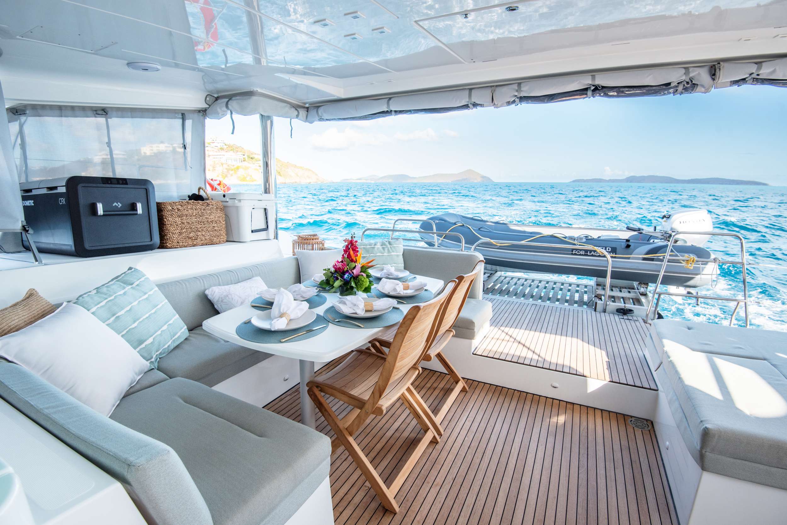Catamaran Yacht 'LIQUID ZEN' Al fresco dining in the cockpit, 8 PAX, 2 Crew, 52.00 Ft, 15.00 Meters, Built 2022, Lagoon
