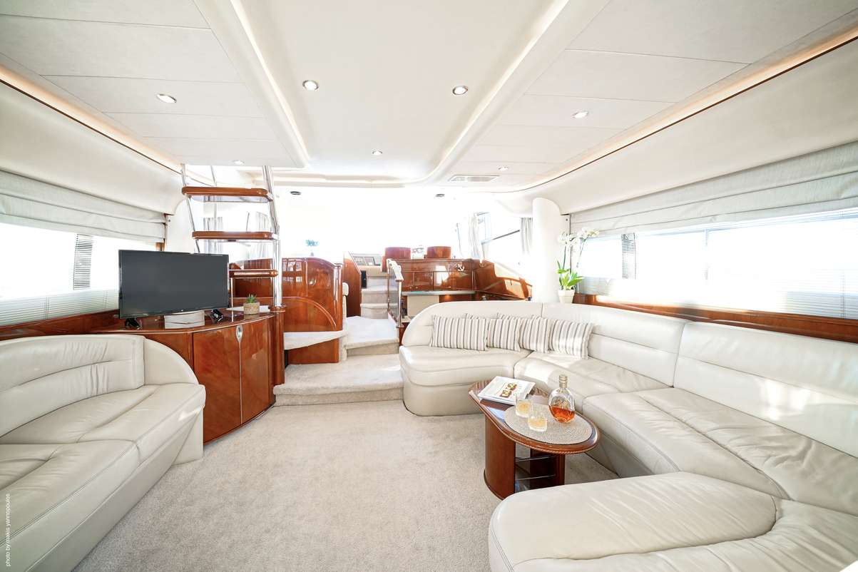 Motor Yacht 'DISTAR PRINCESS' Interior Salon, 6 PAX, 2 Crew, 66.00 Ft, 20.00 Meters, Built 2003, Princess, UK, Refit Year 2021-2022: re-upholstery of interior salon fabrics, exterior leisure areas (Flybridge), new cabin linens, new salon carpet, all new c