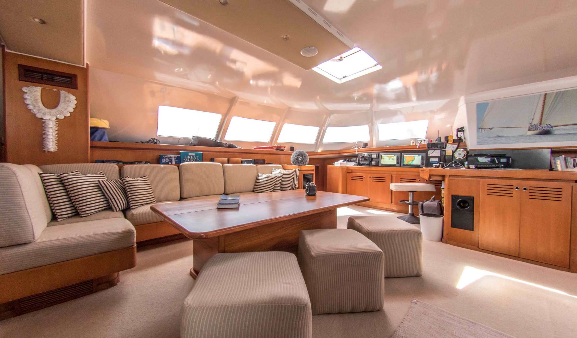 Catamaran Yacht 'LONESTAR' Main Salon with comfortable seating, 12 PAX, 5 Crew, 85.00 Ft, 25.00 Meters, Built 1991, Van Peteghem-Lauriot Prevost, Refit Year 2020