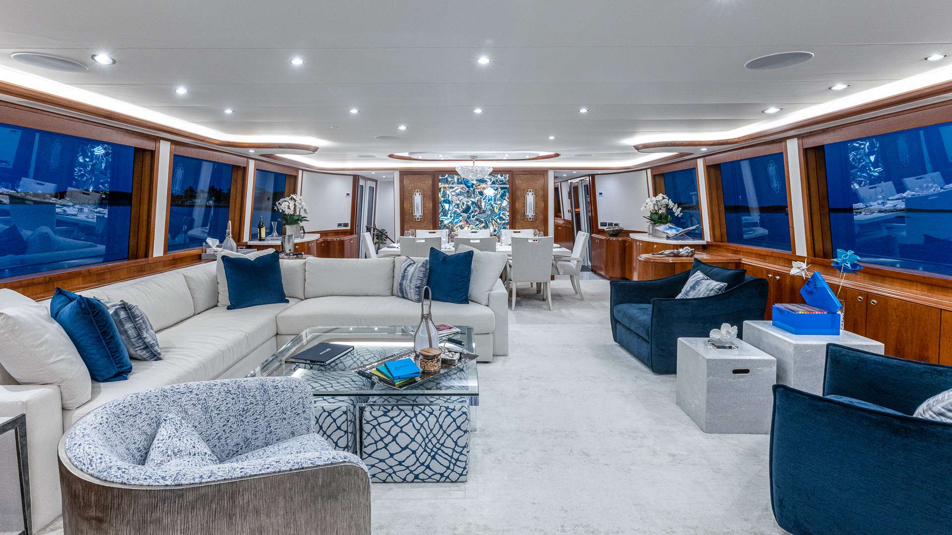 Motor Yacht 'NO SHORTCUTS' Main Salon Looking Forward, 8 PAX, 5 Crew, 112.00 Ft, 34.00 Meters, Built 2006, Westport, Refit Year 2022