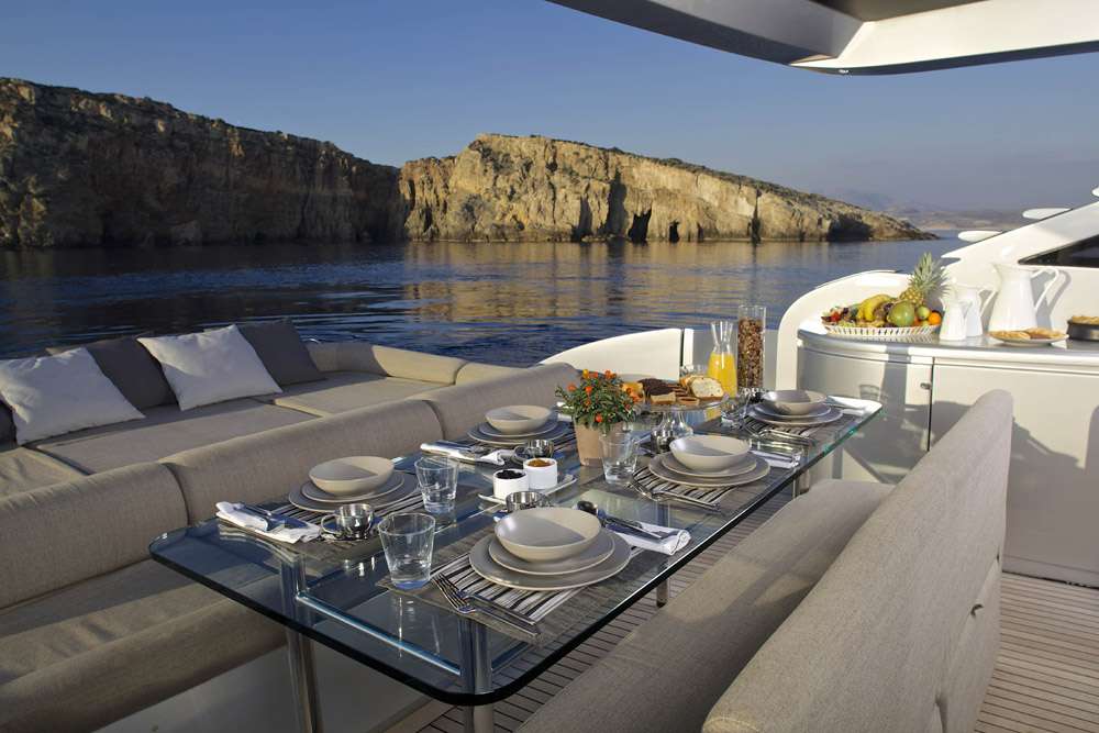 Motor Yacht 'SOLARIS' Main deck dining, 10 PAX, 5 Crew, 90.00 Ft, 27.44 Meters, Built 2009, Pershing, Refit Year 2014