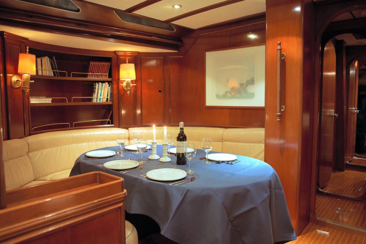 Sailing Yacht 'ICHIBAN' Table set for three course dinner, 8 PAX, 2 Crew, 70.00 Ft, 21.00 Meters, Built 1983, Nautor Swan, Refit Year 2013
