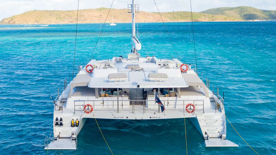 Catamaran Yacht 'BELLA VITA' Stern View, 10 PAX, 6 Crew, 105.00 Ft, 32.00 Meters, Built 2003, C.M.N. Cherbourg, Fr, Refit Year 2018