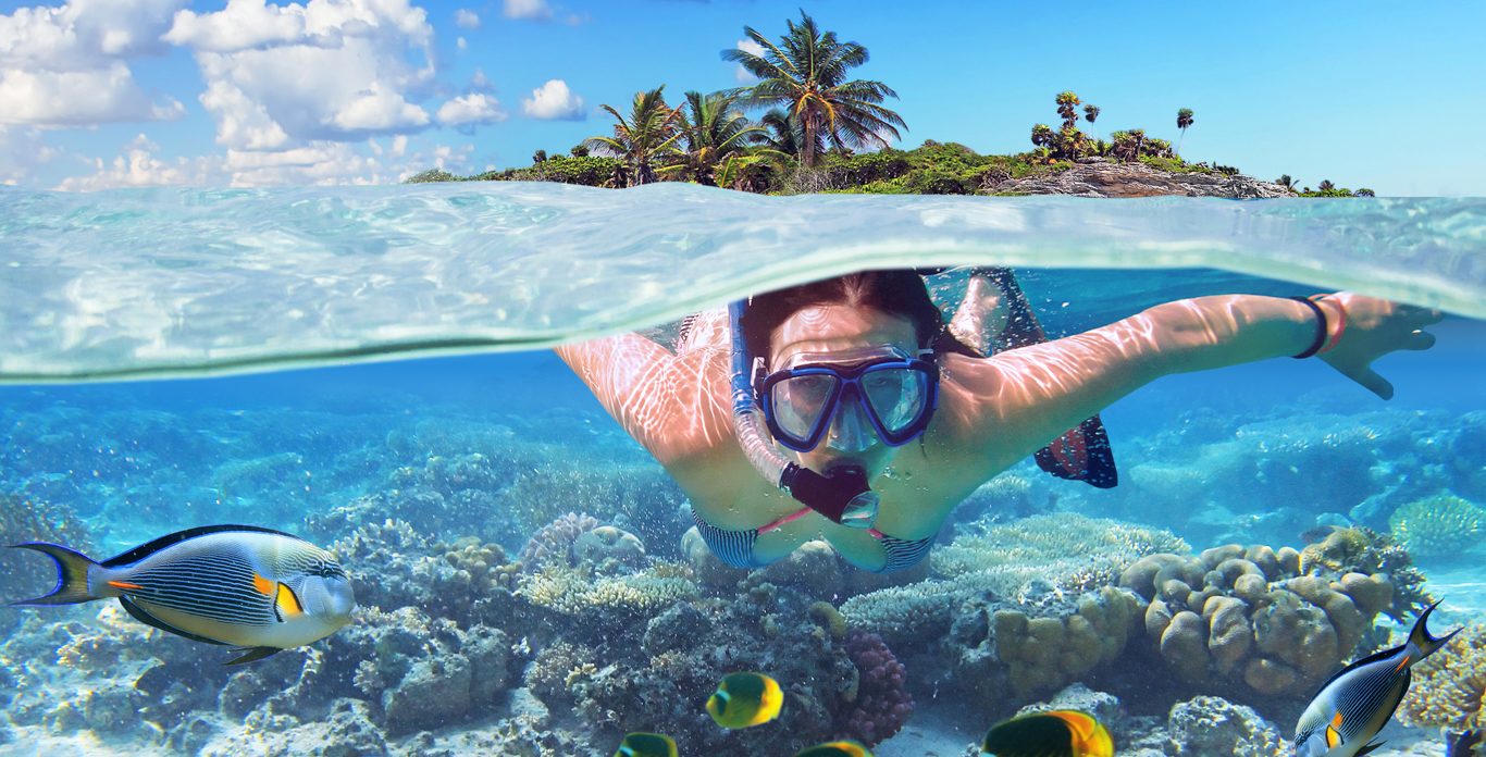 Last Minute Yacht Charters - Caribbean & Bahamas Woman snorkeling in the shallow waters of the Bahamas and Caribbean.